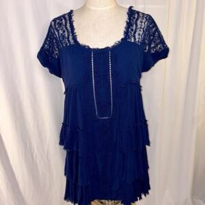 Free People Ruffled Mini Dress Bohemian Distresses Royal Blue Size Medium